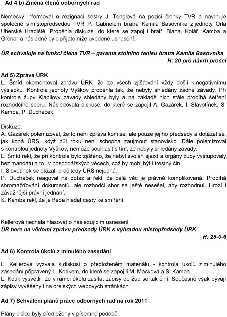 Proběhla diskuze, do které se zapojili bratři Blaha, Kolář, Kamba a Grenar a následně bylo přijato níţe uvedené usnesení: ÚR schvaluje na funkci člena TVR garanta stolního tenisu bratra Kamila