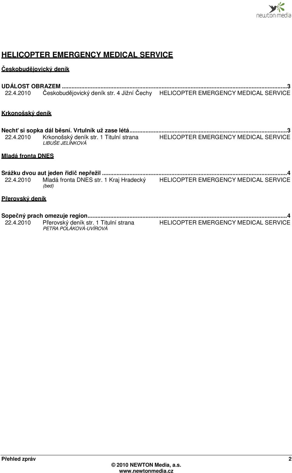 1 Titulní strana HELICOPTER EMERGENCY MEDICAL SERVICE LIBUŠE JELÍNKOVÁ Mladá fronta DNES Srážku dvou aut jeden řidič nepřežil... 4 22.4.2010 Mladá fronta DNES str.