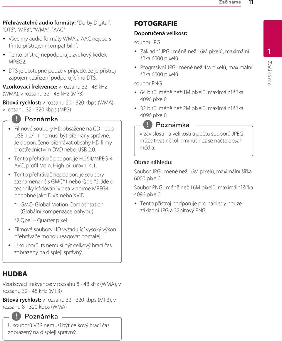 Vzorkovací frekvence: v rozsahu 32-48 khz (WMA), v rozsahu 32-48 khz (MP3) Bitová rychlost: v rozsahu 20-320 kbps (WMA), v rozsahu 32-320 kbps (MP3) y Filmové soubory HD obsažené na CD nebo USB 1.0/1.