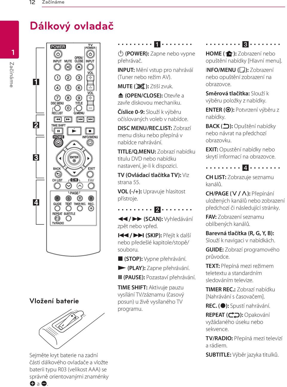 Číslice 0-9: Slouží k výběru očíslovaných voleb v nabídce. DISC MENU/REC.LIST: Zobrazí menu disku nebo přepíná v nabídce nahrávání. TITLE/Q.