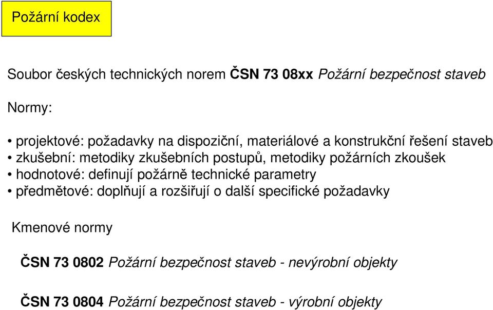 hodnotové: definují požárně technické parametry předmětové: doplňují a rozšiřují o další specifické požadavky Kmenové