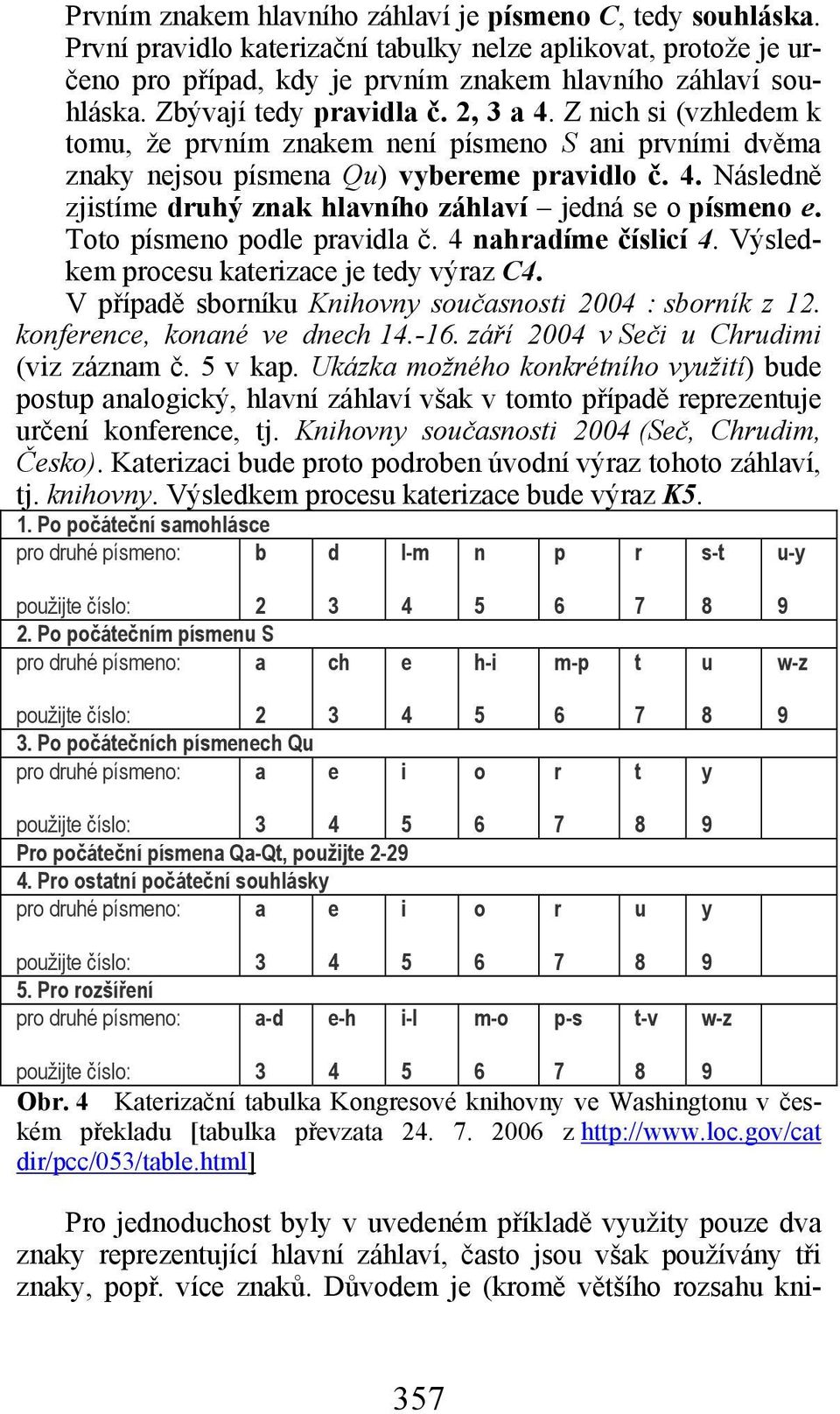 Toto písmeno podle pravidla č. 4 nahradíme číslicí 4. Výsledkem procesu katerizace je tedy výraz C4. V případě sborníku Knihovny současnosti 2004 : sborník z 12. konference, konané ve dnech 14.-16.