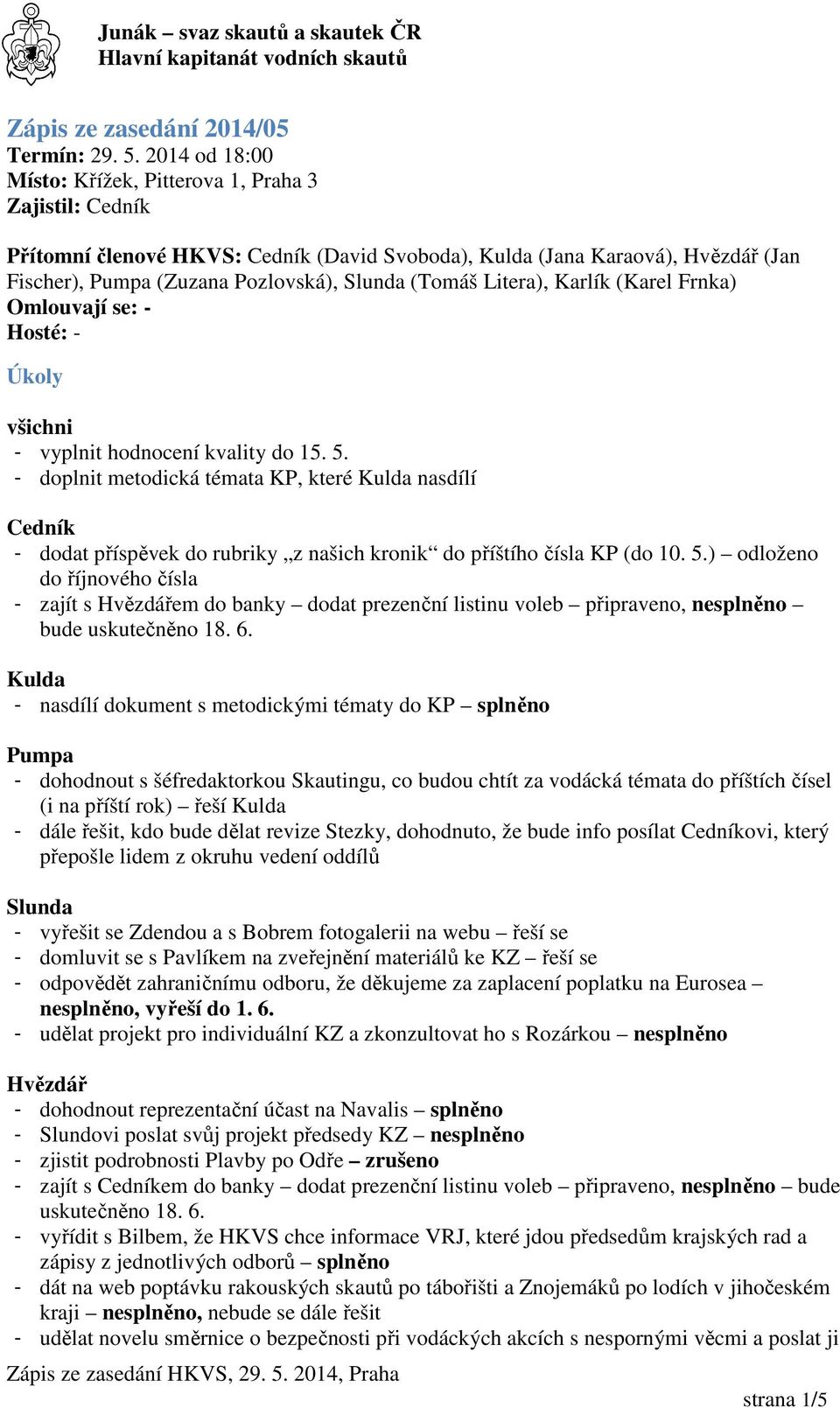 Litera), Karlík (Karel Frnka) Omlouvají se: - Hosté: - Úkoly všichni - vyplnit hodnocení kvality do 15. 5.