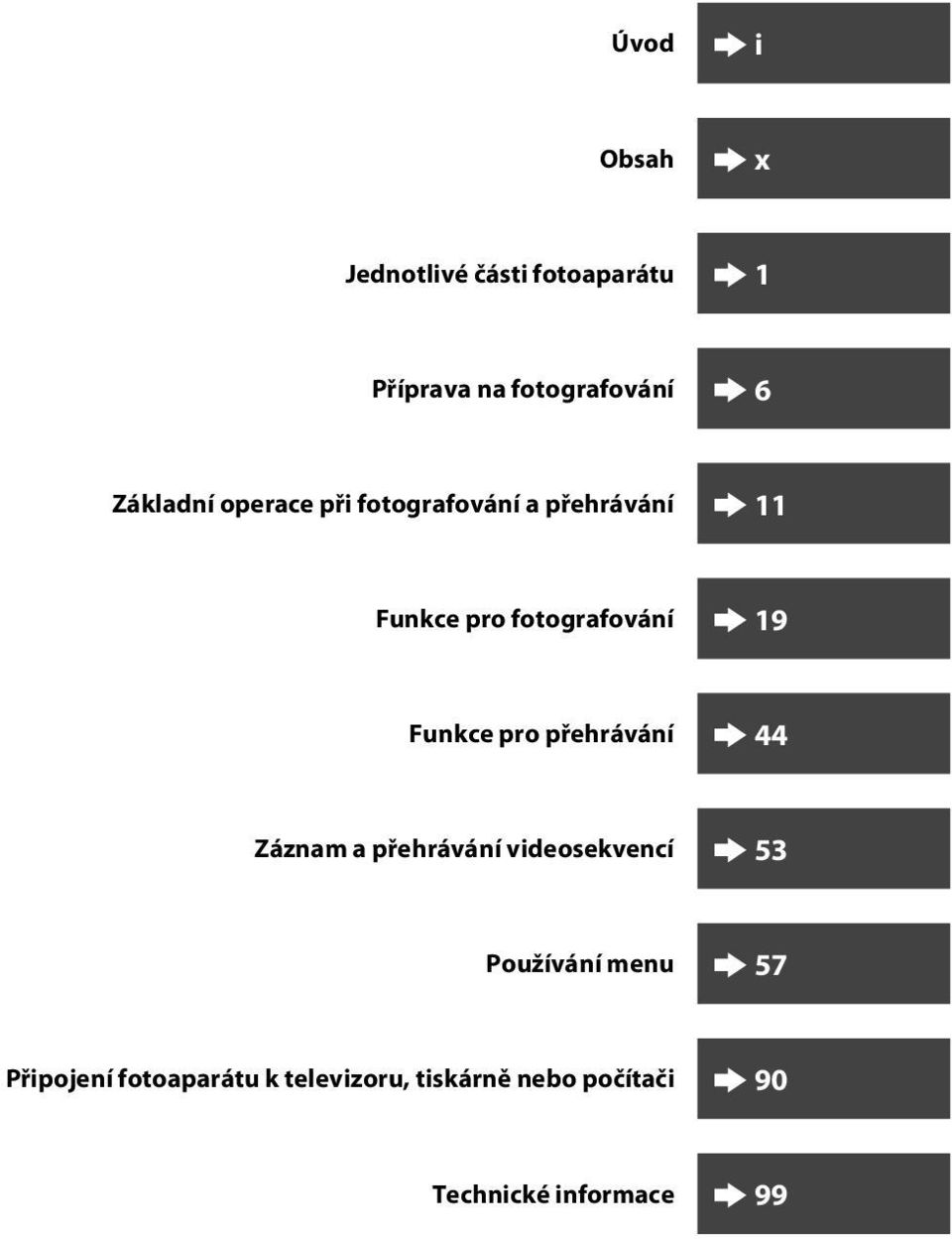 Funkce pro přehrávání 44 Záznam a přehrávání videosekvencí 53 Používání menu 57