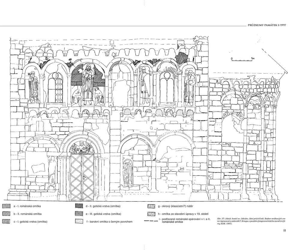 gotická vrstva (omítka) f - barokní omítka s černým povrchem i - podřezané románské spárování v I. a II. - románské omítce Obr.
