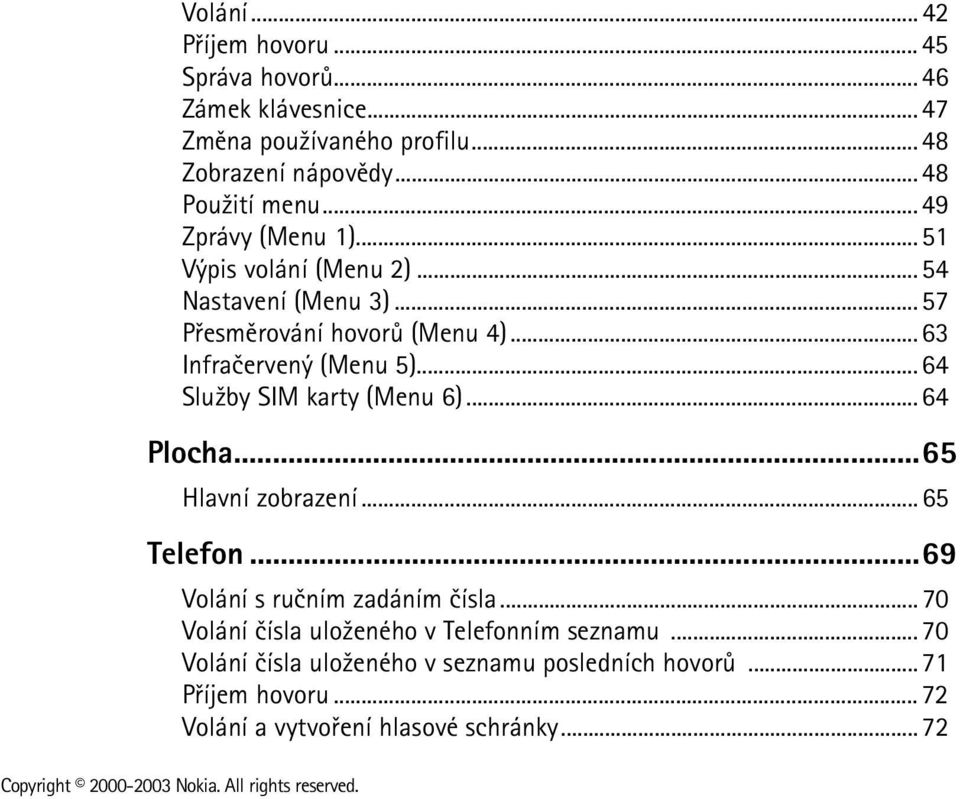 .. 64 Slu¾by SIM karty (Menu 6)... 64 Plocha...65 Hlavní zobrazení... 65 Telefon...69 Volání s ruèním zadáním èísla.