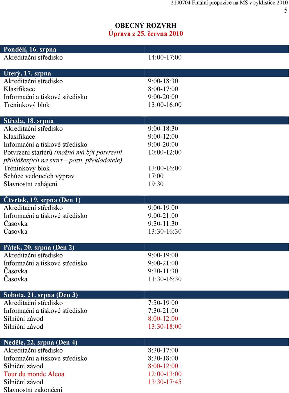 srpna Akreditační středisko 9:00-18:30 Klasifikace 9:00-12:00 Informační a tiskové středisko 9:00-20:00 Potvrzení startérů (možná má být potvrzení 10:00-12:00 přihlášených na start pozn.