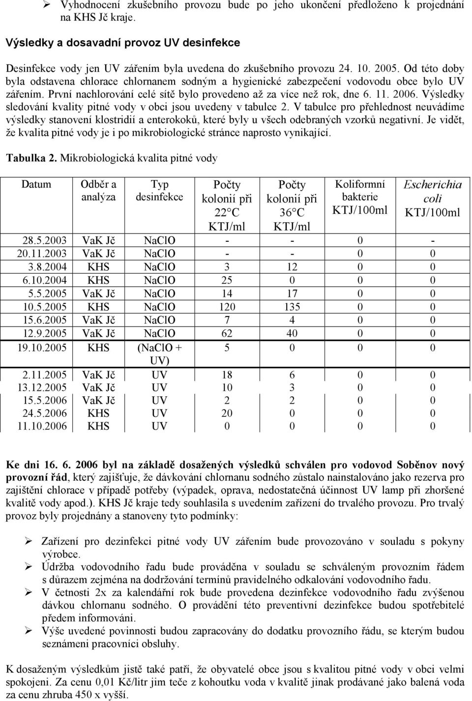 Od této doby byla odstavena chlorace chlornanem sodným a hygienické zabezpečení vodovodu obce bylo UV zářením. První nachlorování celé sítě bylo provedeno až za více než rok, dne 6. 11. 2006.