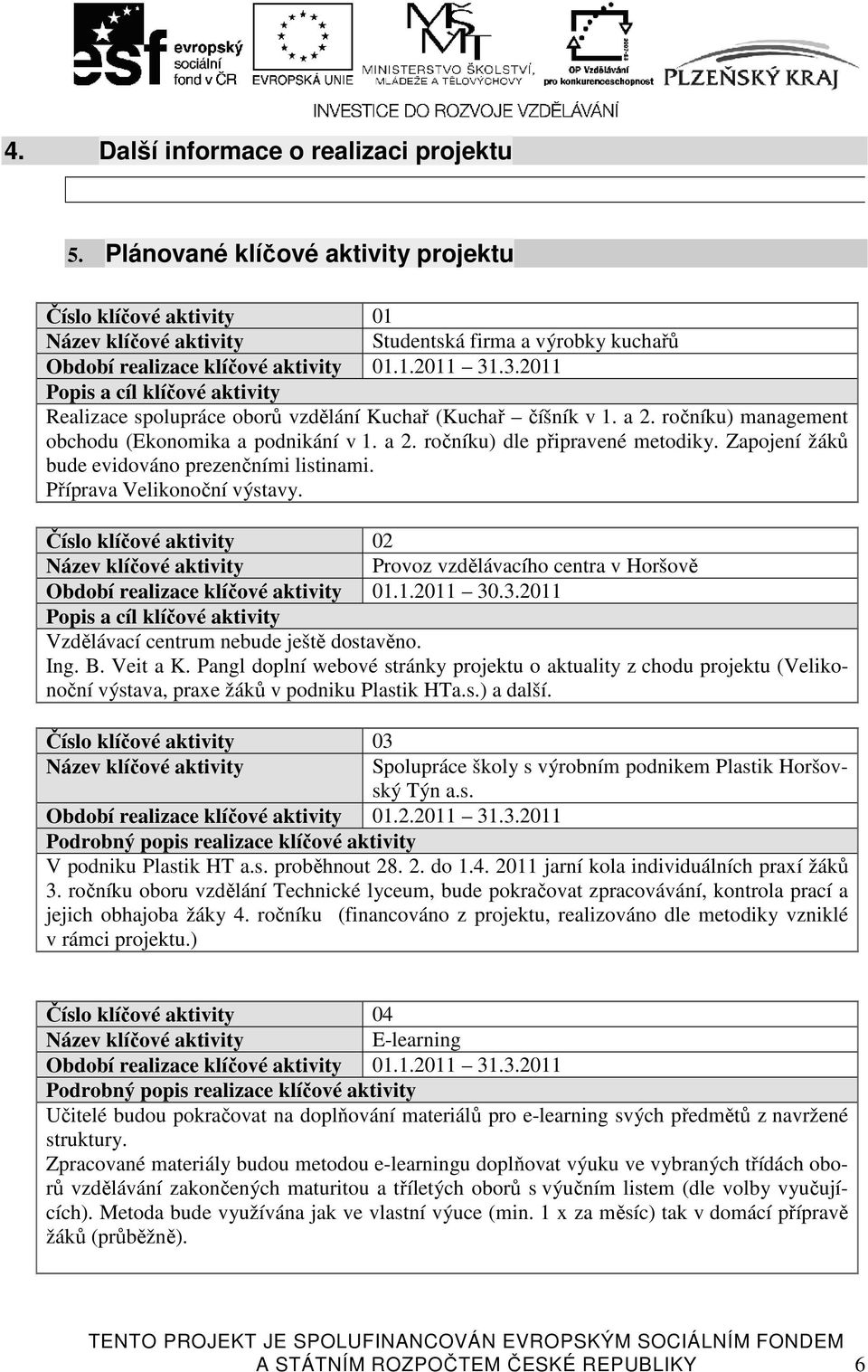 Zapojení žáků bude evidováno prezenčními listinami. Příprava Velikonoční výstavy. Číslo klíčové aktivity 02 Provoz vzdělávacího centra v Horšově Období realizace klíčové aktivity 01.1.2011 30