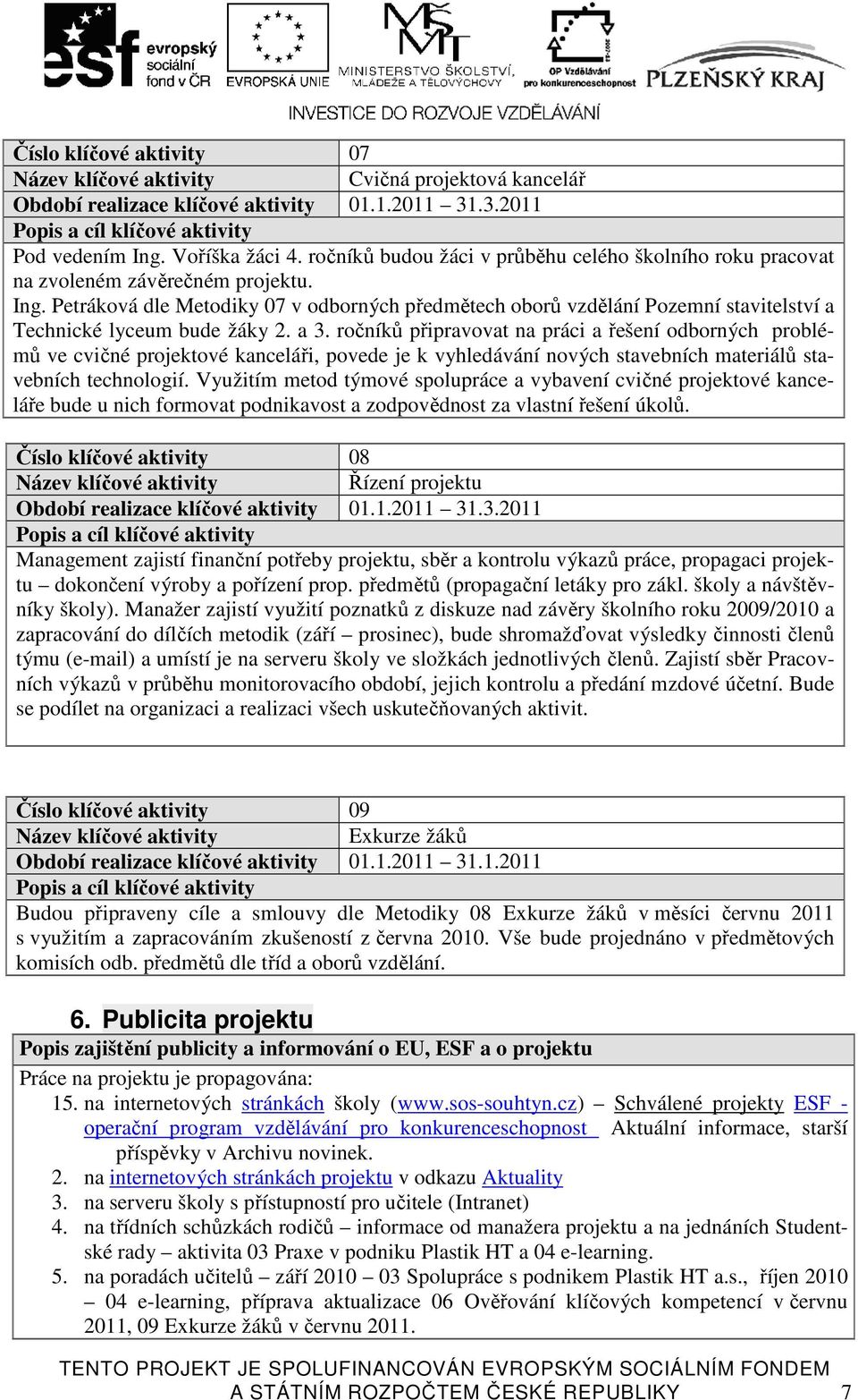 Petráková dle Metodiky 07 v odborných předmětech oborů vzdělání Pozemní stavitelství a Technické lyceum bude žáky 2. a 3.