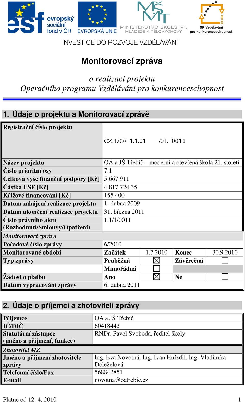 1 Celková výše finanční podpory [Kč] 5 667 911 Částka ESF [Kč] 4 817 724,35 Křížové financování [Kč] 155 400 Datum zahájení realizace projektu 1. dubna 2009 Datum ukončení realizace projektu 31.