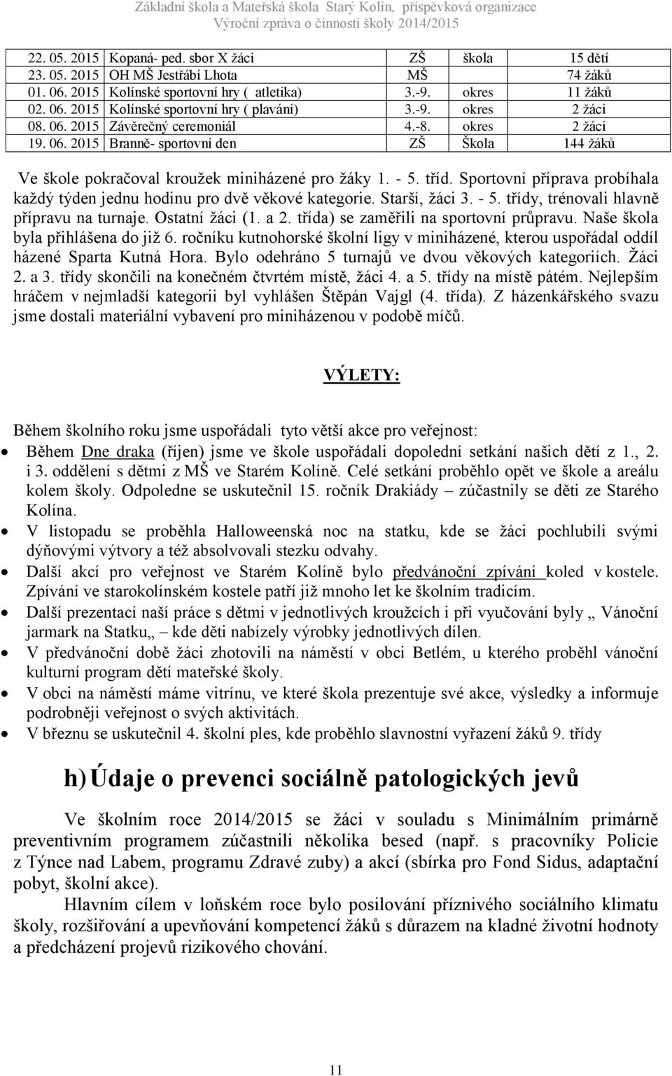 Sportovní příprava probíhala každý týden jednu hodinu pro dvě věkové kategorie. Starší, žáci 3. - 5. třídy, trénovali hlavně přípravu na turnaje. Ostatní žáci (1. a 2.