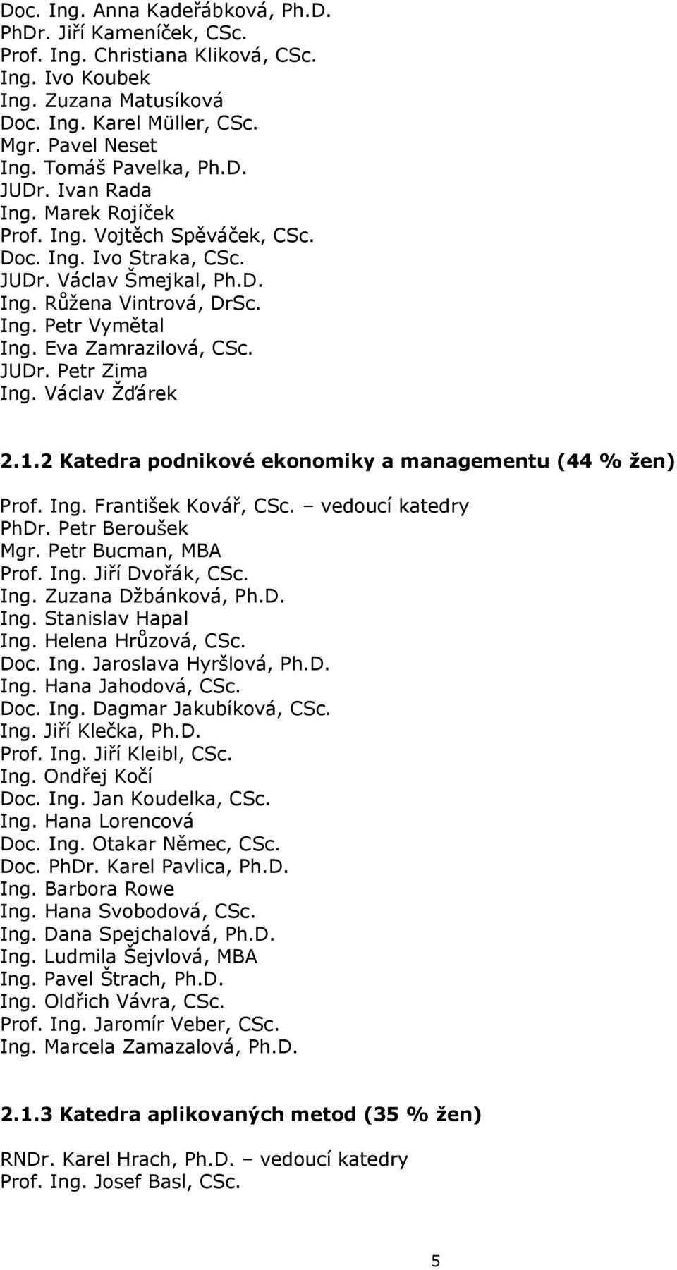 Eva Zamrazilová, CSc. JUDr. Petr Zima Ing. Václav Žďárek 2.1.2 Katedra podnikové ekonomiky a managementu (44 % žen) Prof. Ing. František Kovář, CSc. vedoucí katedry PhDr. Petr Beroušek Mgr.