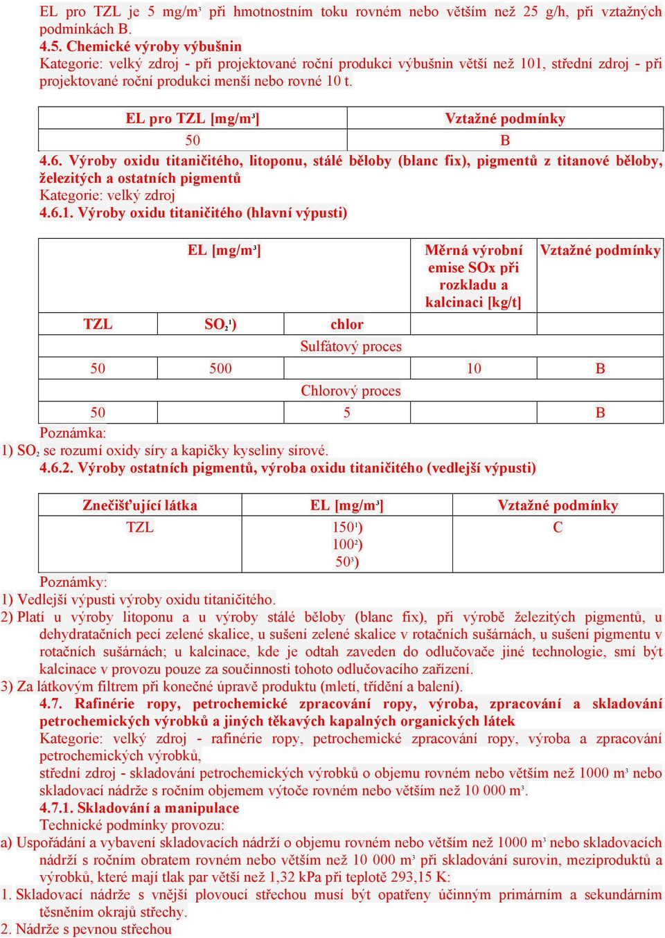 Výroby oxidu titaničitého (hlavní výpusti) TZL SO 21 ) chlor Sulfátový proces Měrná výrobní emise SOx při rozkladu a kalcinaci [kg/t] 50 500 10 B Chlorový proces 50 5 B Poznámka: 1) SO 2 se rozumí