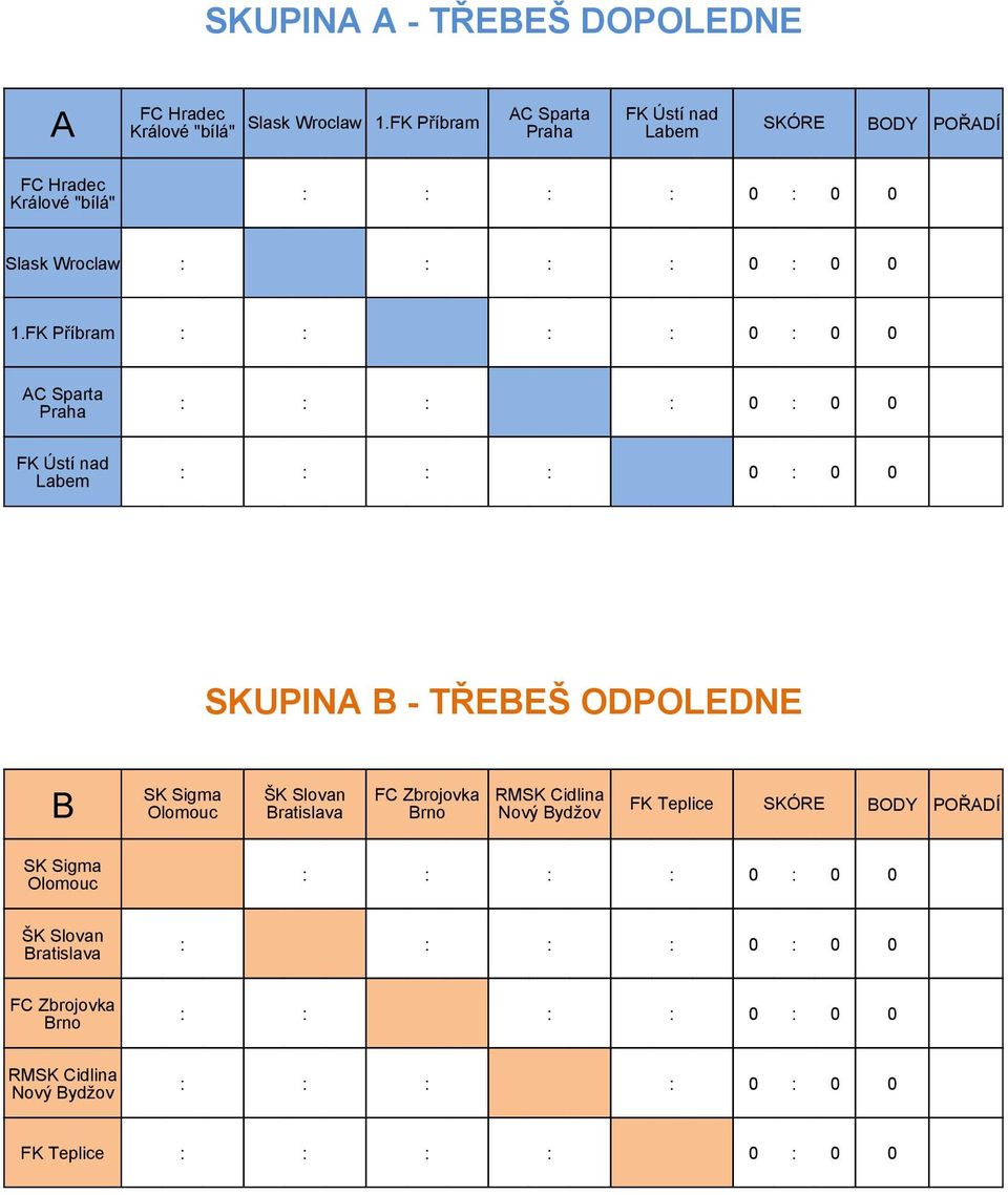 FK Příbram 0 0 0 0 0 0 0 0 AC Sparta Praha 0 0 0 0 0 0 0 0 FK Ústí nad Labem 0 0 0 0 0 0 0 0 SKUPINA B - TŘEBEŠ ODPOLEDNE SK Sigma ŠK Slovan FC Zbrojovka