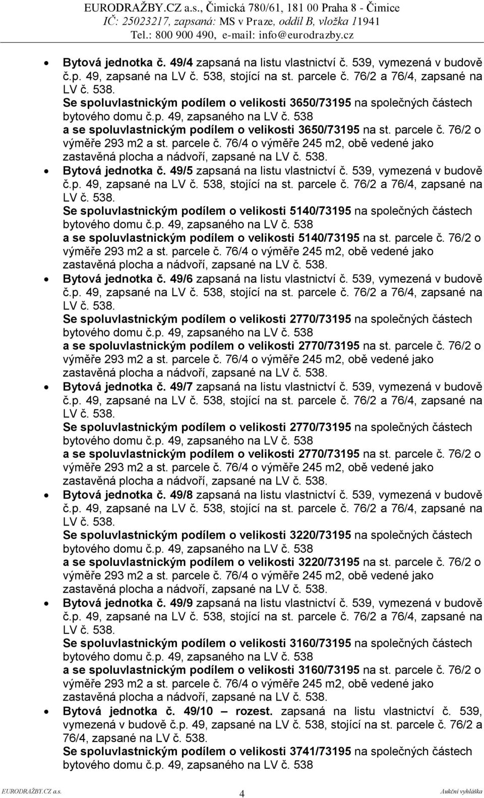 49/5 zapsaná na listu vlastnictví č. 539, vymezená v budově Se spoluvlastnickým podílem o velikosti 5140/73195 na společných částech a se spoluvlastnickým podílem o velikosti 5140/73195 na st.