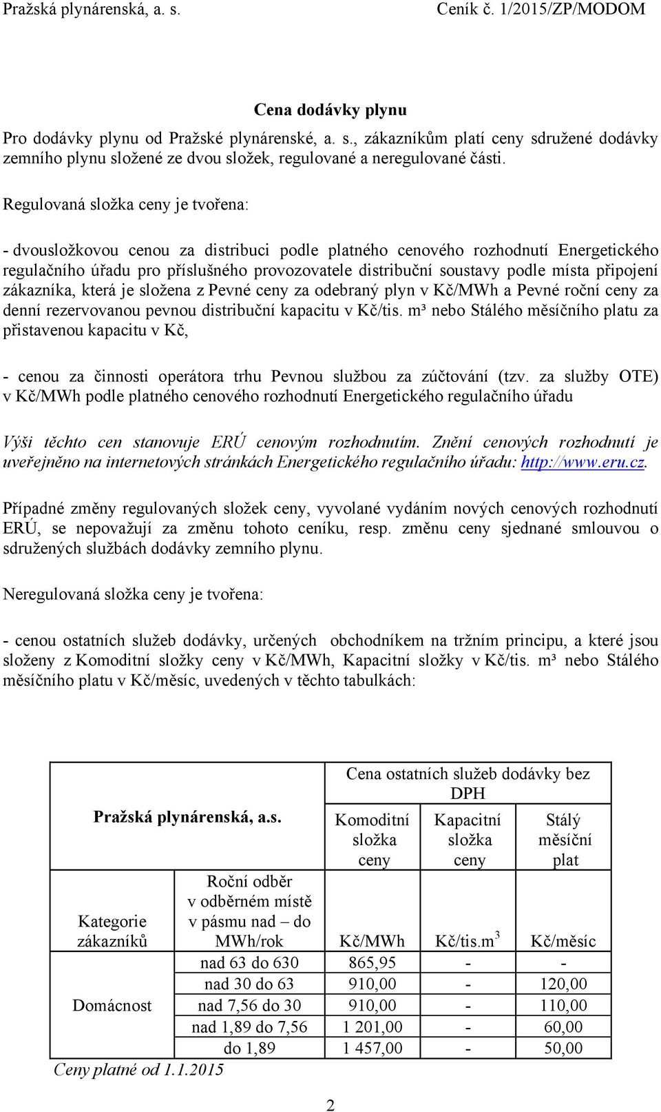 zákazníka, která je složena z Pevné odebraný plyn v Kč/MWh a Pevné roční denní rezervovanou pevnou distribuční kapacitu v Kč/tis.