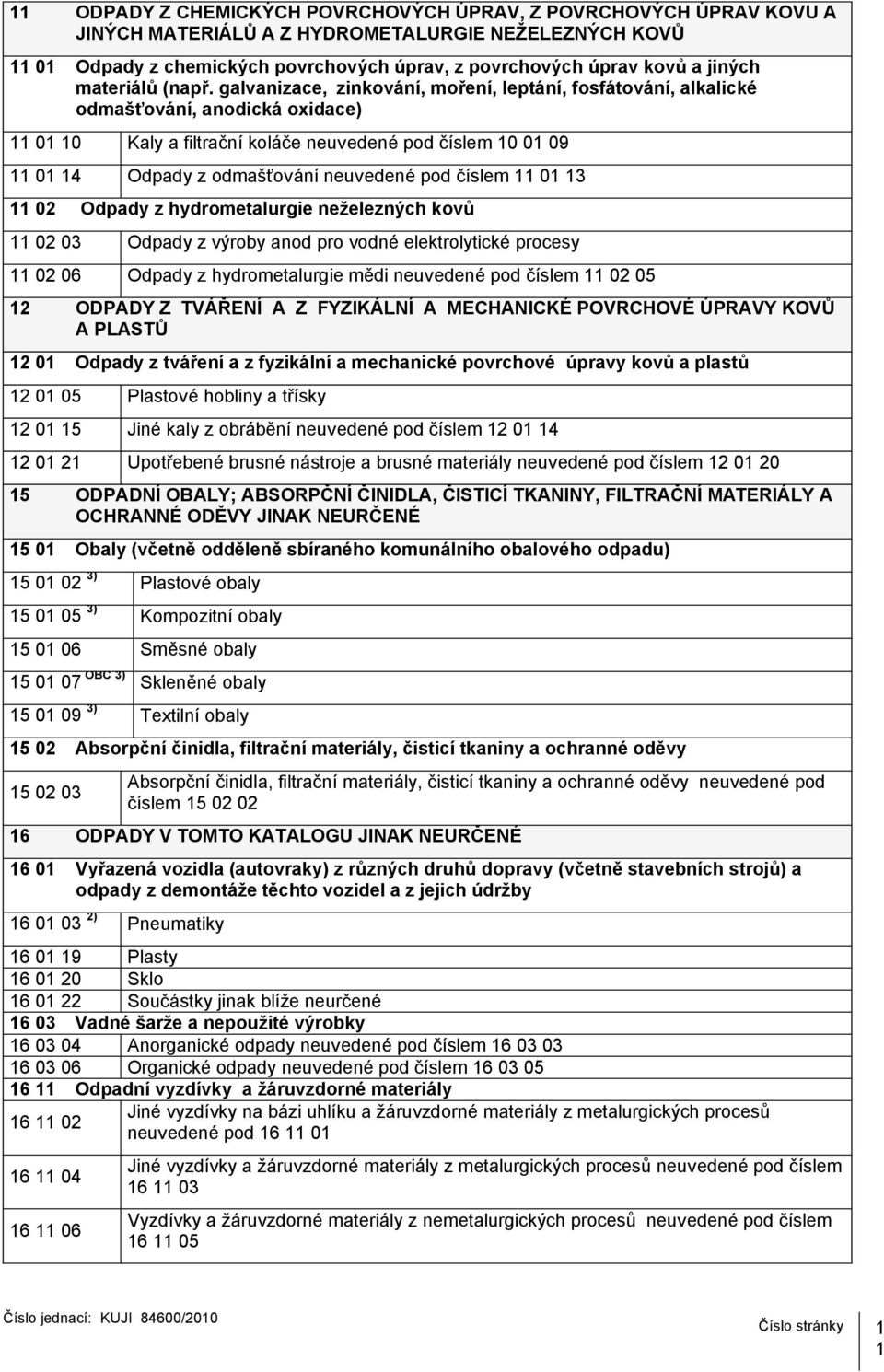galvanizace, zinkování, moření, leptání, fosfátování, alkalické odmašťování, anodická oxidace) 11 01 10 Kaly a filtrační koláče neuvedené pod číslem 10 01 09 11 01 14 Odpady z odmašťování neuvedené