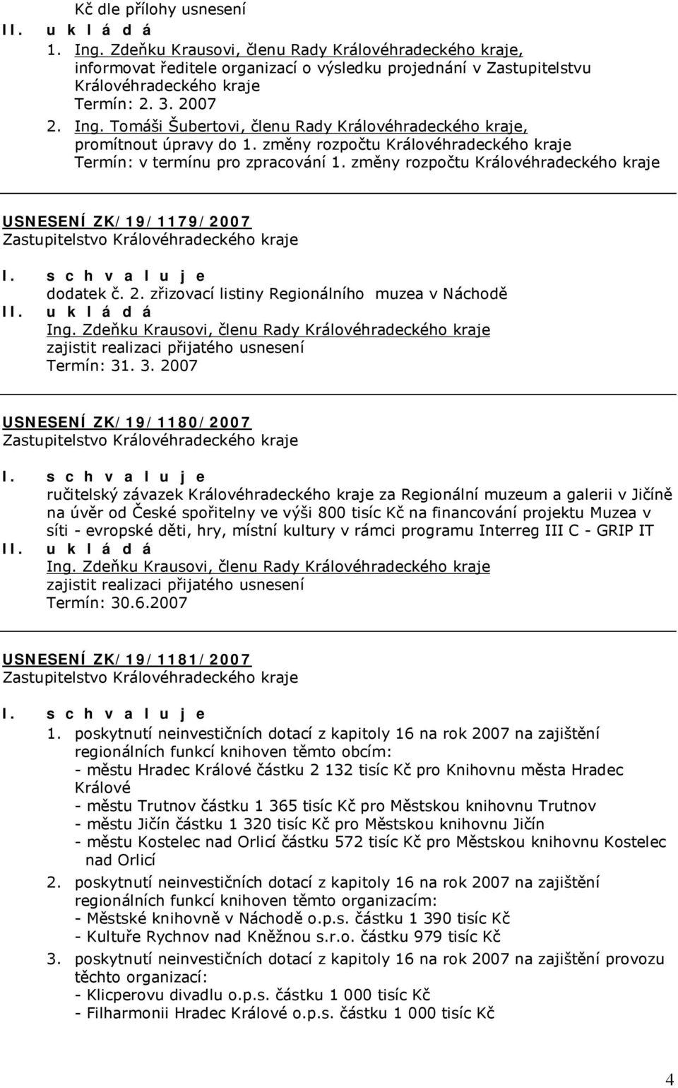 změny rozpočtu Královéhradeckého kraje USNESENÍ ZK/19/1179/2007 dodatek č. 2. zřizovací listiny Regionálního muzea v Náchodě Ing.