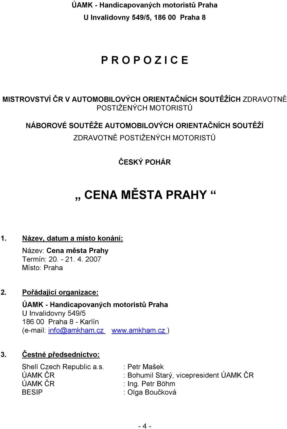 Název, datum a místo konání: Název: Cena města Prahy Termín: 20. - 21. 4. 2007 Místo: Praha 2.