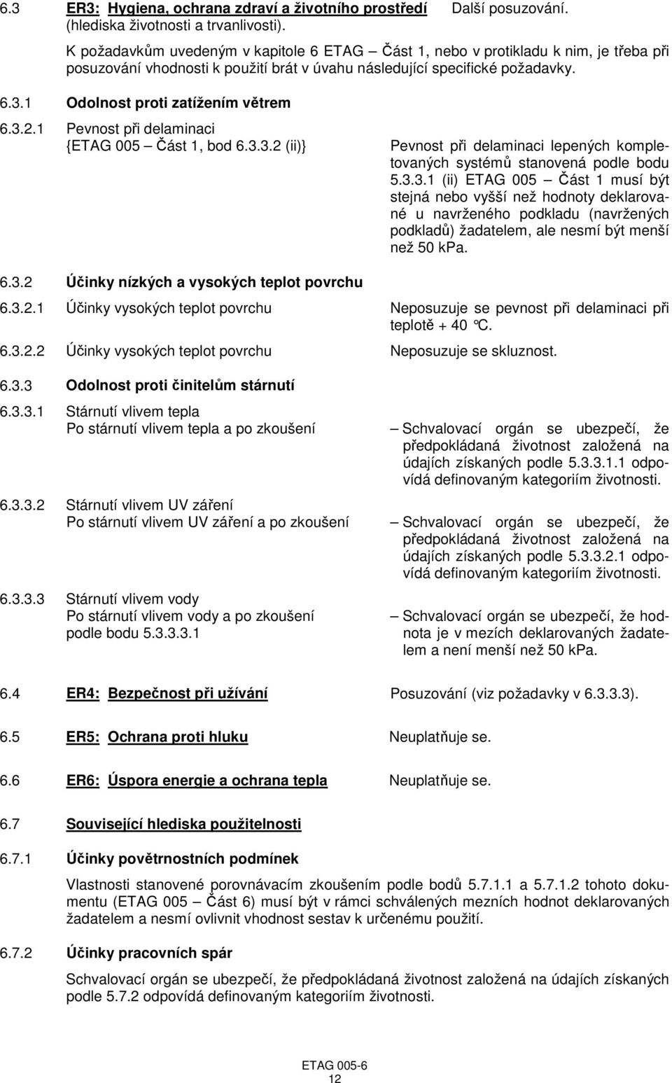 1 Odolnost proti zatížením větrem 6.3.2.1 Pevnost při delaminaci {ETAG 005 Část 1, bod 6.3.3.2 (ii)} Pevnost při delaminaci lepených kompletovaných systémů stanovená podle bodu 5.3.3.1 (ii) ETAG 005 Část 1 musí být stejná nebo vyšší než hodnoty deklarované u navrženého podkladu (navržených podkladů) žadatelem, ale nesmí být menší než 50 kpa.