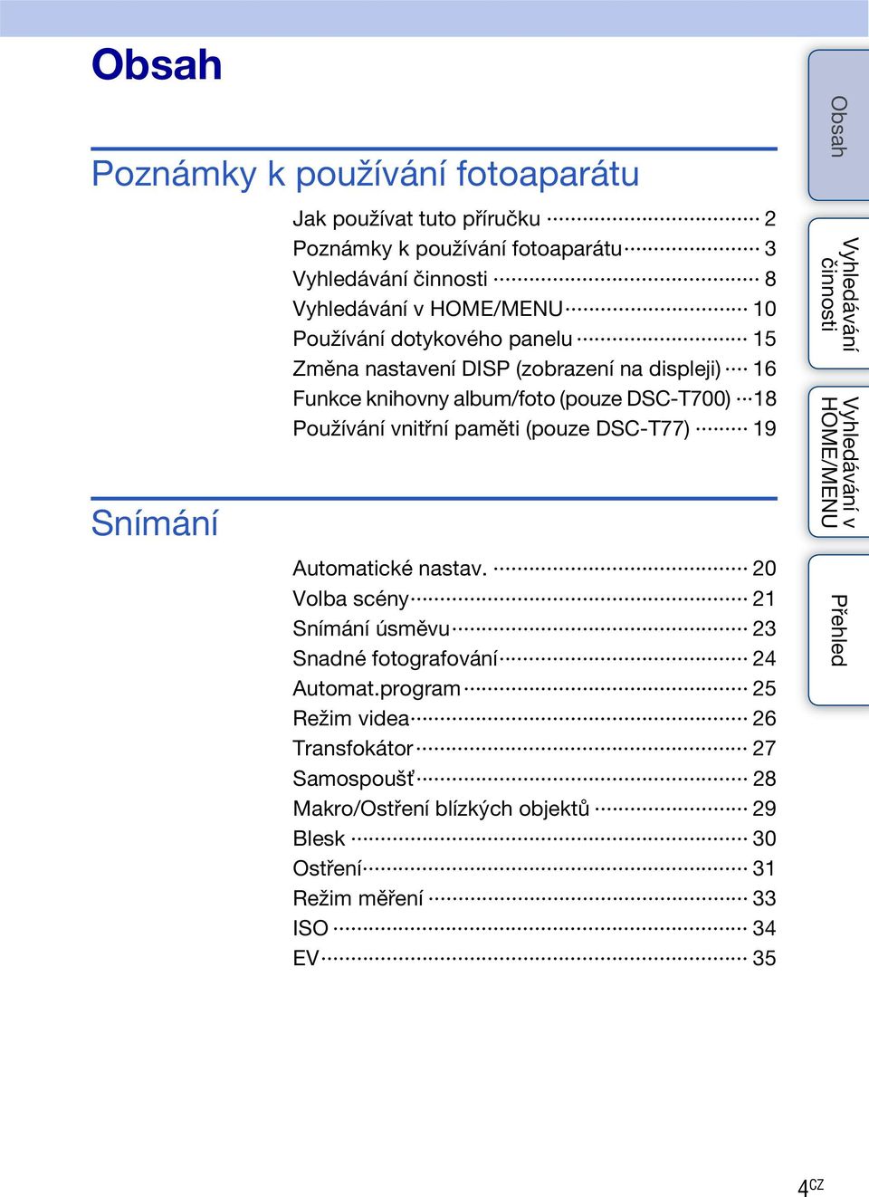 vnitřní paměti (pouze DSC-T77) 19 Automatické nastav. 20 Volba scény 21 Snímání úsměvu 23 Snadné fotografování 24 Automat.