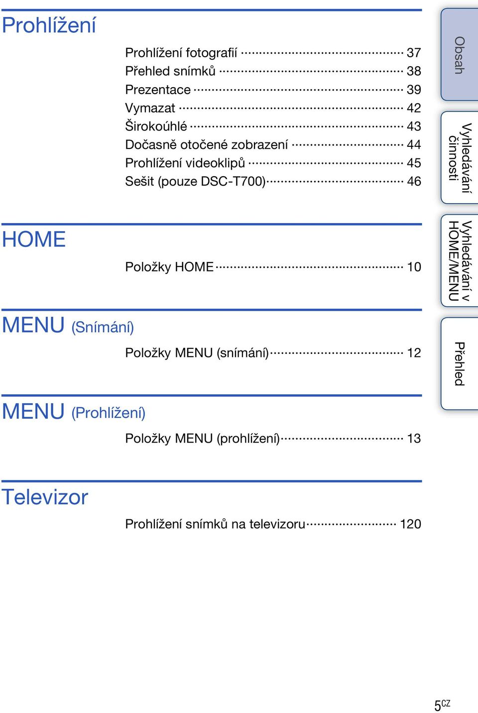 46 HOME Položky HOME 10 v MENU (Snímání) Položky MENU (snímání) 12 MENU