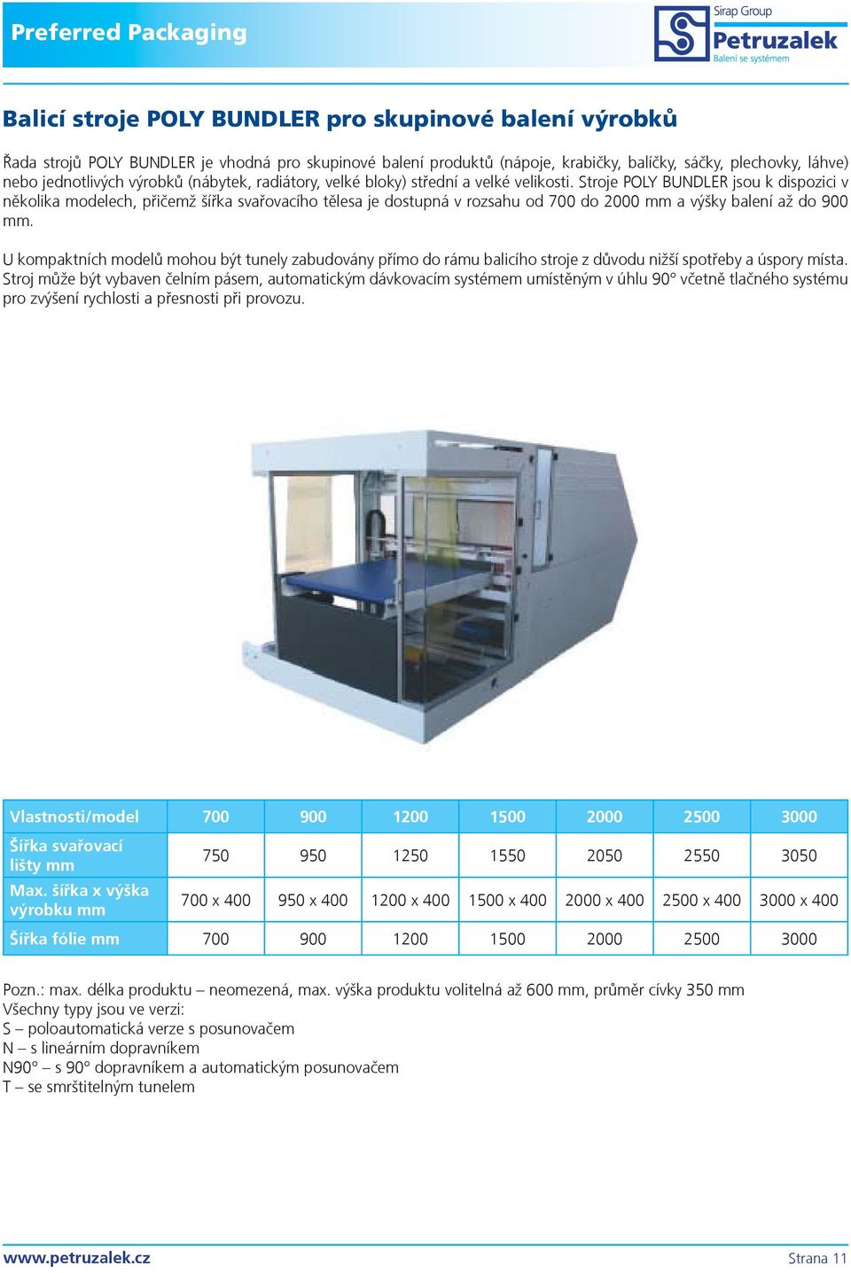 Stroje POLY BUNDLER jsou k dispozici v nìkolika modelech, pøièemž šíøka svaøovacího tìlesa je dostupná v rozsahu od 700 do 2000 mm a výšky balení až do 900 mm.