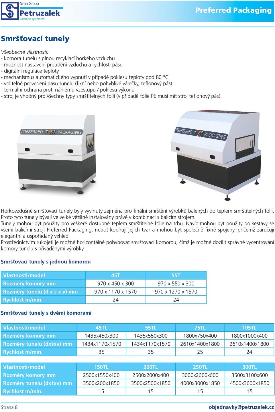 stroj je vhodný pro všechny typy smrštitelných fólií (v pøípadì fólie PE musí mít stroj teflonový pás) Horkovzdušné smršťovací tunely byly vyvinuty zejména pro finální smrštìní výrobkù balených do