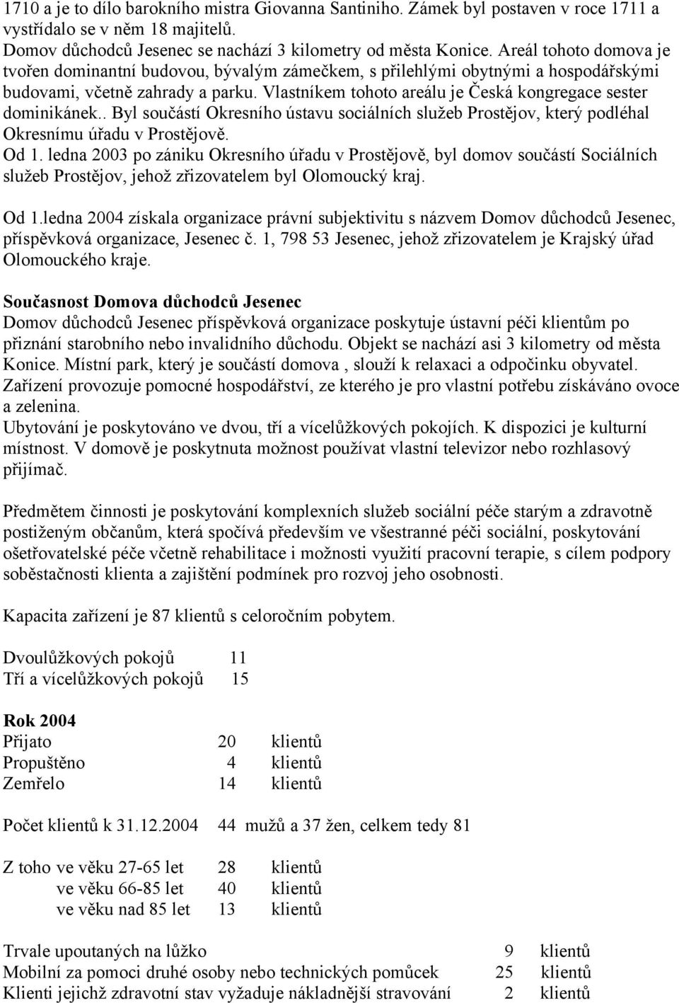 Vlastníkem tohoto areálu je Česká kongregace sester dominikánek.. Byl součástí Okresního ústavu sociálních služeb Prostějov, který podléhal Okresnímu úřadu v Prostějově. Od 1.