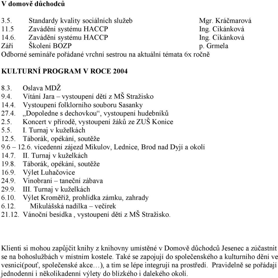 4. Dopoledne s dechovkou, vystoupení hudebníků 2.5. Koncert v přírodě, vystoupení žáků ze ZUŠ Konice 5.5. I. Turnaj v kuželkách 12.5. Táborák, opékání, soutěže 9.6 