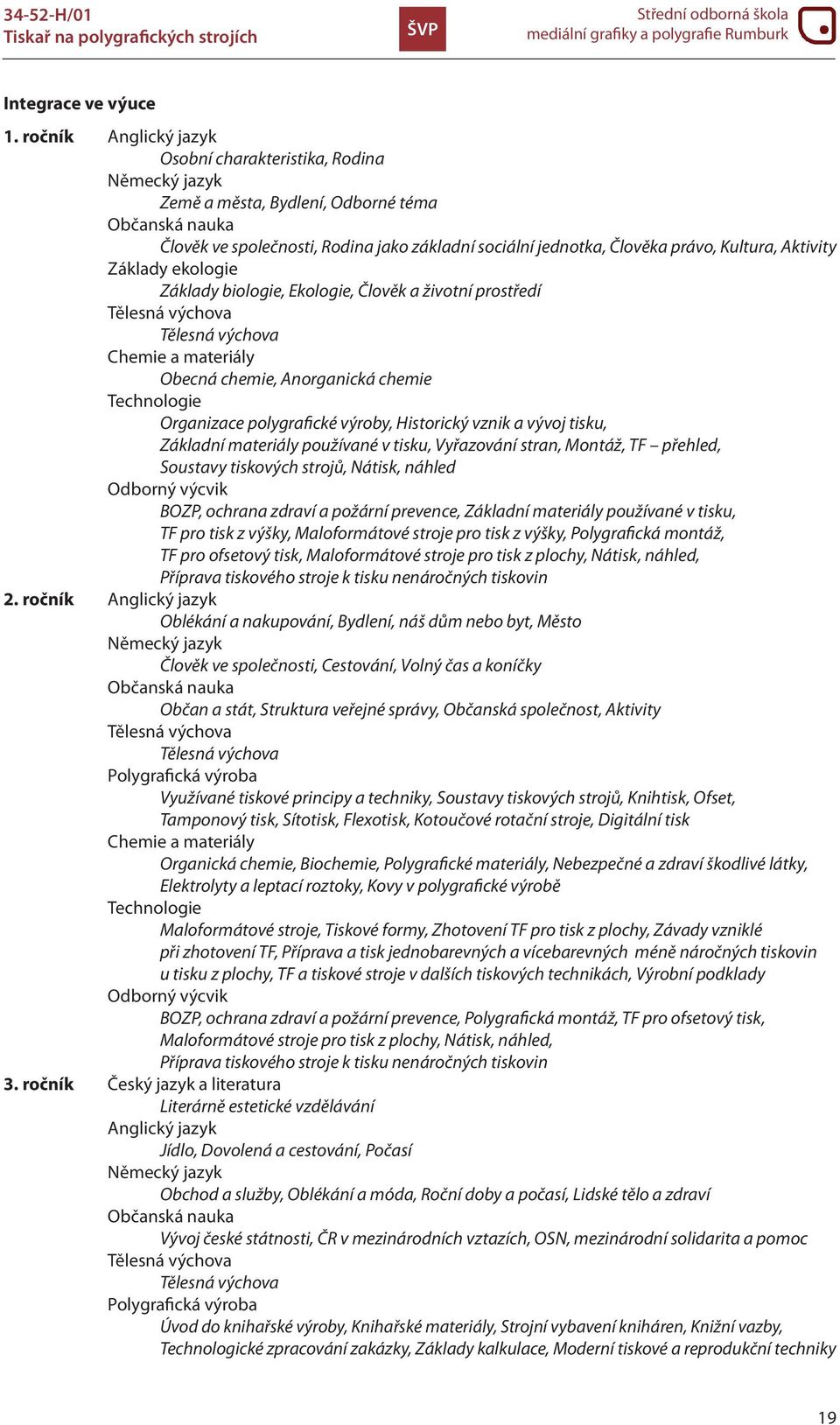 Kultura, Aktivity Základy ekologie Základy biologie, Ekologie, Člověk a životní prostředí Tělesná výchova Tělesná výchova Chemie a materiály Obecná chemie, Anorganická chemie Technologie Organizace