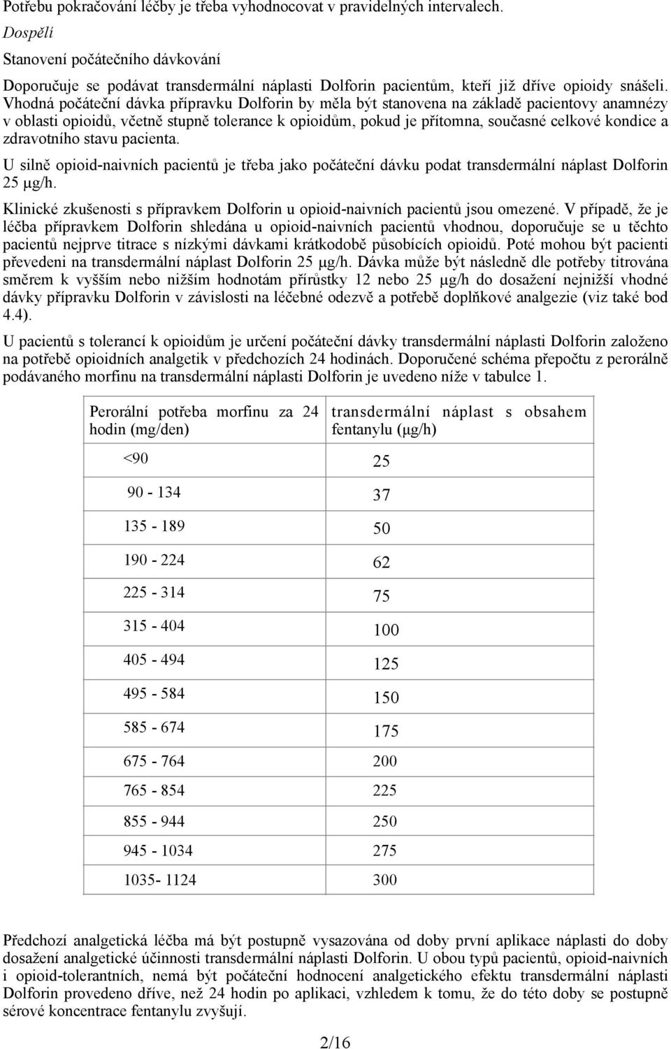 Vhodná počáteční dávka přípravku Dolforin by měla být stanovena na základě pacientovy anamnézy v oblasti opioidů, včetně stupně tolerance k opioidům, pokud je přítomna, současné celkové kondice a