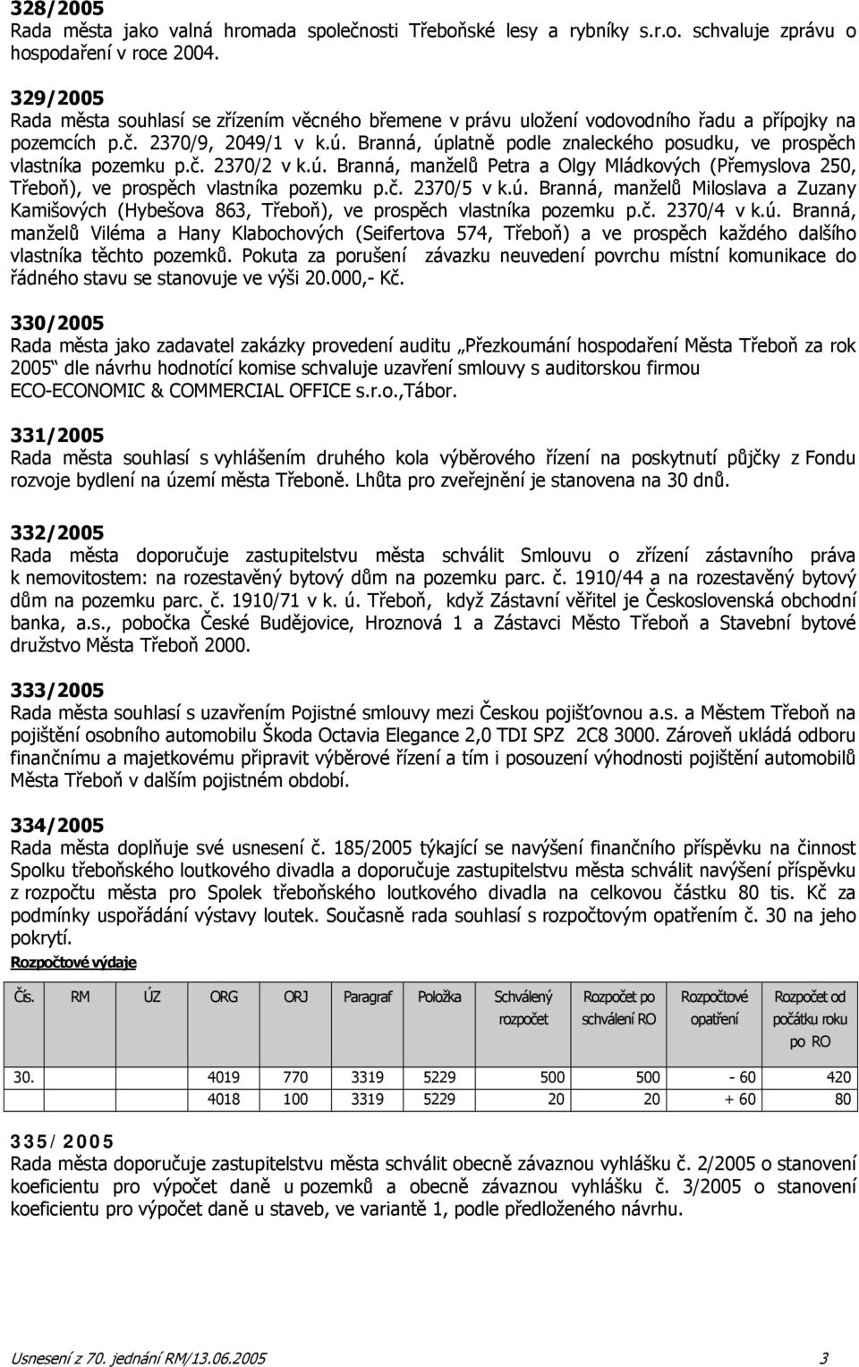 Branná, úplatně podle znaleckého posudku, ve prospěch vlastníka pozemku p.č. 2370/2 v k.ú. Branná, manželů Petra a Olgy Mládkových (Přemyslova 250, Třeboň), ve prospěch vlastníka pozemku p.č. 2370/5 v k.