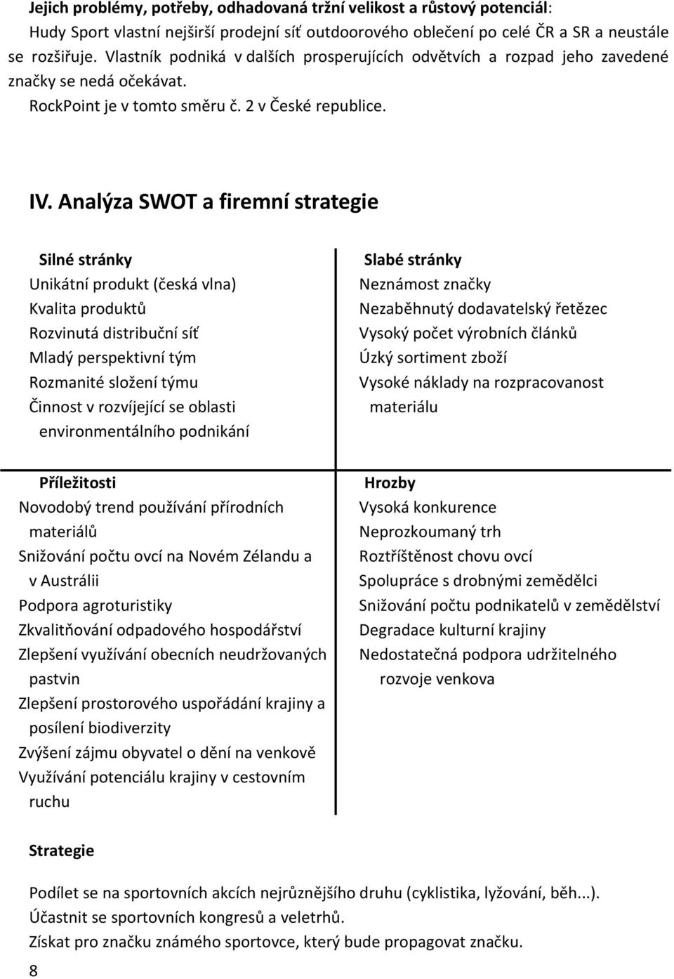 Analýza SWOT a firemní strategie Silné stránky Unikátní produkt (česká vlna) Kvalita produktů Rozvinutá distribuční síť Mladý perspektivní tým Rozmanité složení týmu Činnost v rozvíjející se oblasti