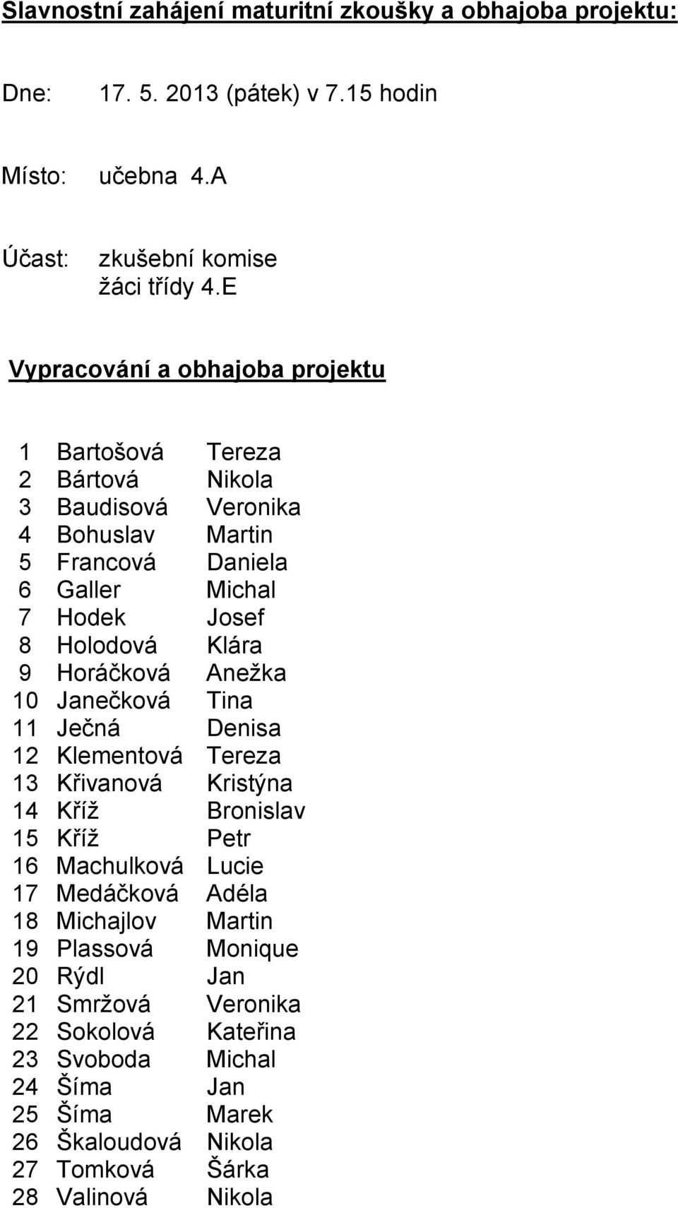 Klára 9 Horáčková Anežka 10 Janečková Tina 11 Ječná Denisa 12 Klementová Tereza 13 Křivanová Kristýna 14 Kříž Bronislav 15 Kříž Petr 16 Machulková Lucie 17 Medáčková