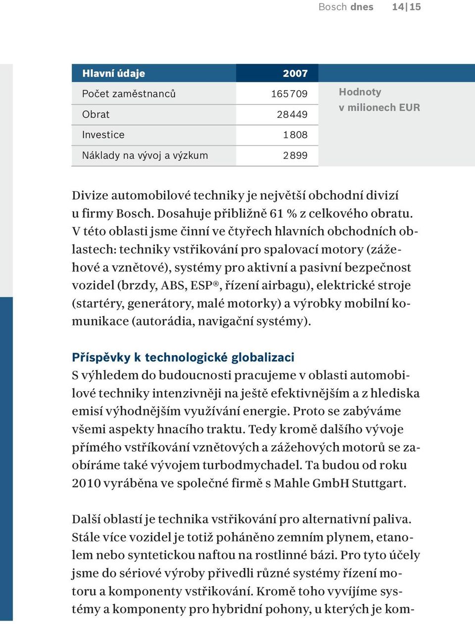 V této oblasti jsme činní ve čtyřech hlavních obchodních oblastech: techniky vstřikování pro spalovací motory (zážehové a vznětové), systémy pro aktivní a pasivní bezpečnost vozidel (brzdy, ABS, ESP,