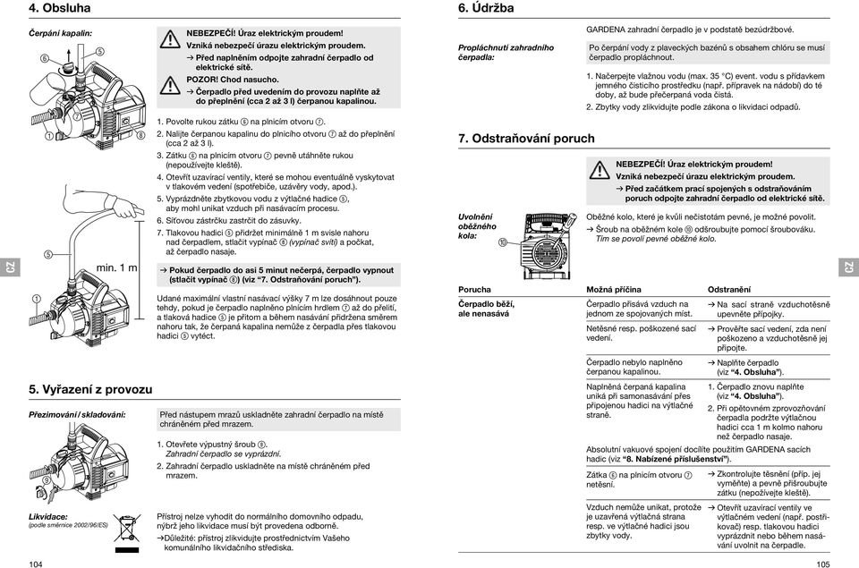 Propláchnutí zahradního čerpadla: 7. Odstraňování poruch zahradní čerpadlo je v podstatě bezúdržbové. Po čerpání vody z plaveckých bazénů s obsahem chlóru se musí čerpadlo propláchnout. 1.