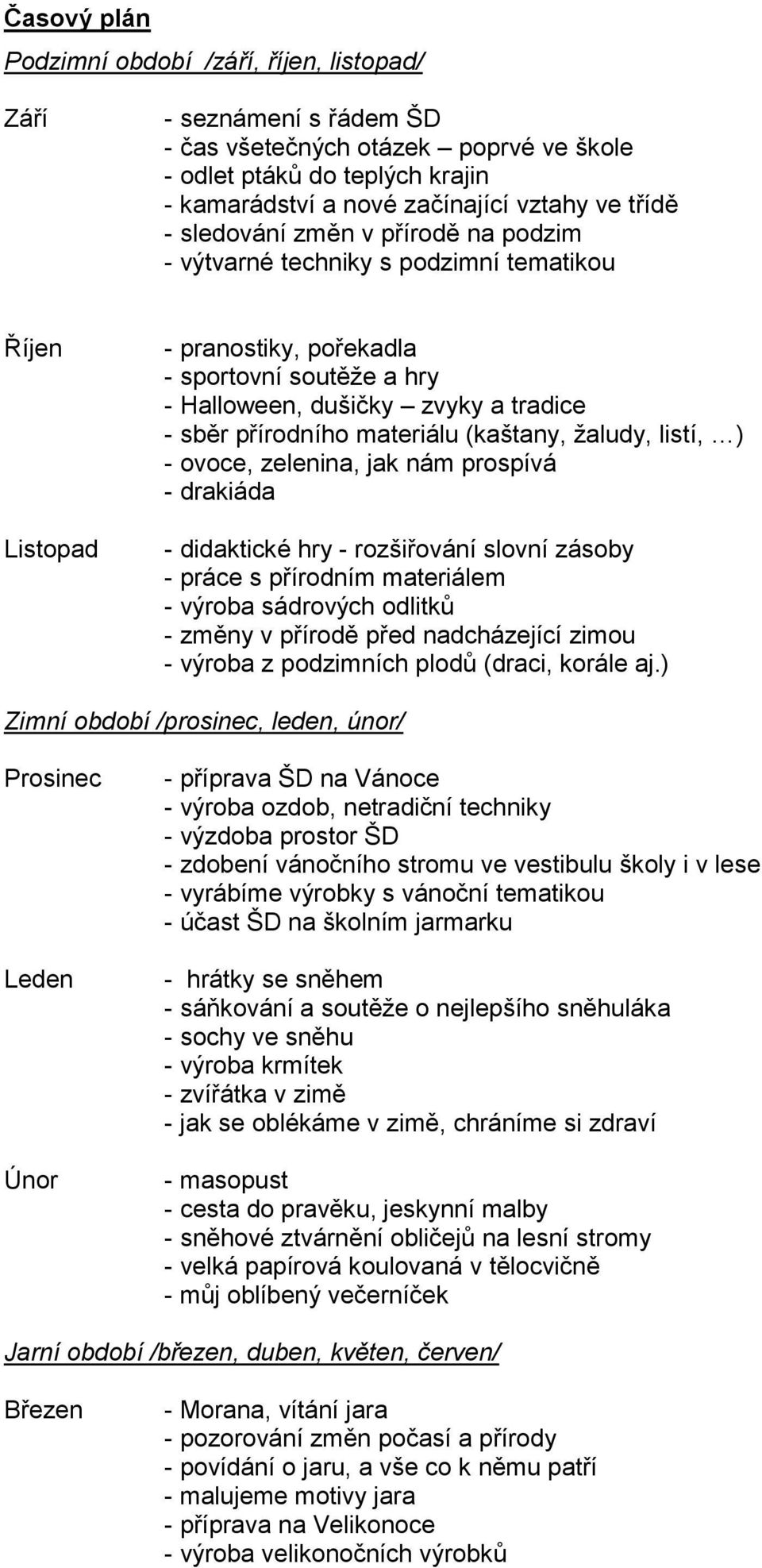 materiálu (kaštany, žaludy, listí, ) - ovoce, zelenina, jak nám prospívá - drakiáda - didaktické hry - rozšiřování slovní zásoby - práce s přírodním materiálem - výroba sádrových odlitků - změny v