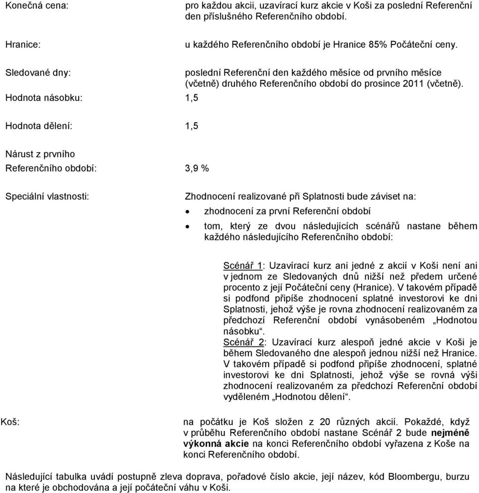 Hodnota dělení: 1,5 Nárust z prvního Referenčního období: 3,9 % Speciální vlastnosti: Zhodnocení realizované při Splatnosti bude záviset na: zhodnocení za první Referenční období tom, který ze dvou