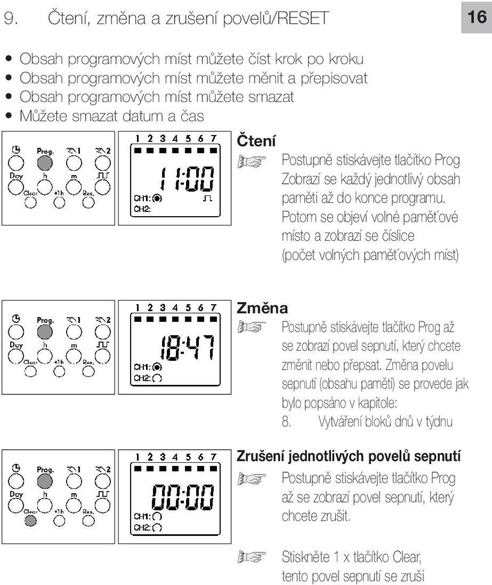 Potom se objeví volné pamět ové místo a zobrazí se číslice (počet volných pamět ových míst) Změna Postupně stiskávejte tlačítko Prog až se zobrazí povel sepnutí, který chcete změnit nebo přepsat.