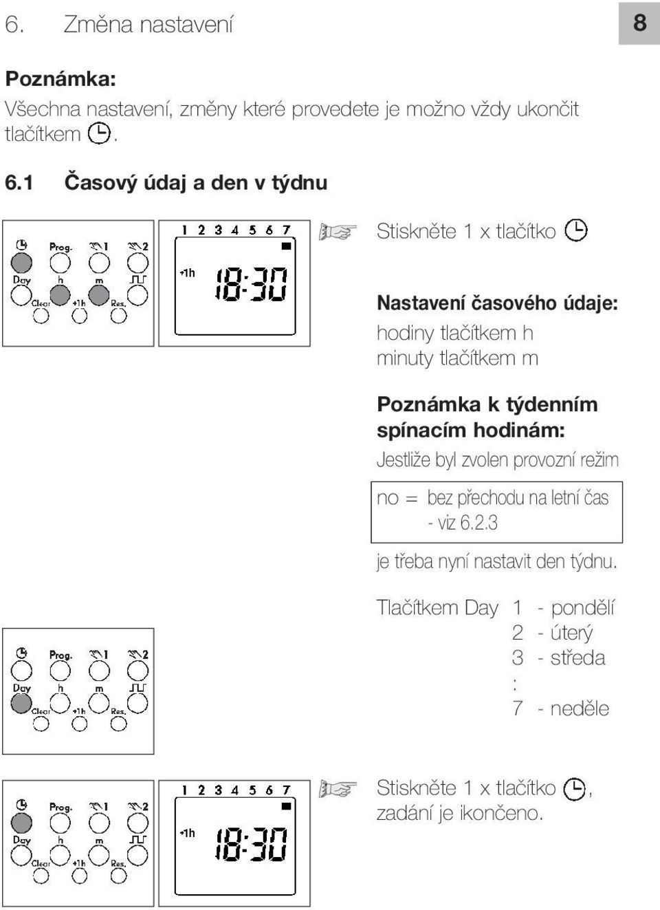 Poznámka k týdenním spínacím hodinám: Jestliže byl zvolen provozní režim no = bez přechodu na letní čas - viz 6.2.