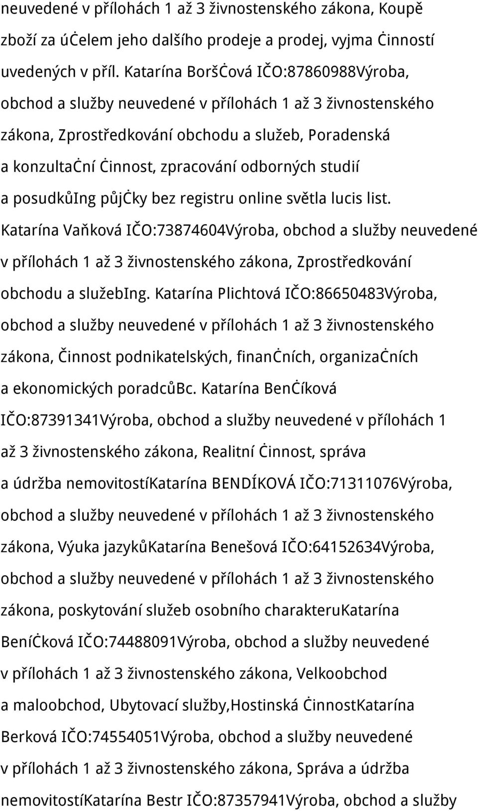 Katarína Vaňková IČO:73874604Výroba, obchod a služby neuvedené obchodu a služebing.