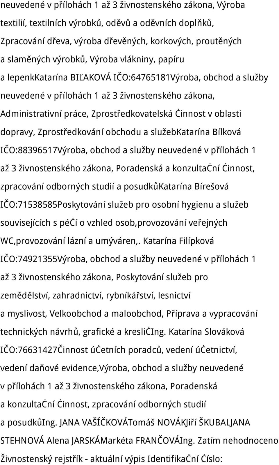 neuvedené v přílohách 1 až 3 živnostenského zákona, Poradenská a konzultační činnost, zpracování odborných studií a posudkůkatarína Bírešová IČO:71538585Poskytování služeb pro osobní hygienu a služeb