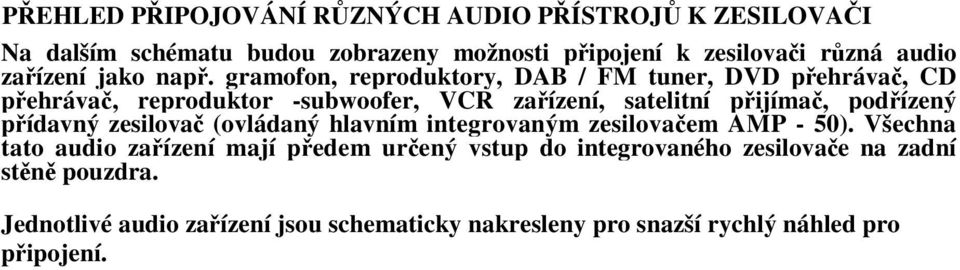 gramofon, reproduktory, DAB / FM tuner, DVD pehráva, CD pehráva, reproduktor -subwoofer, VCR zaízení, satelitní pijíma, podízený