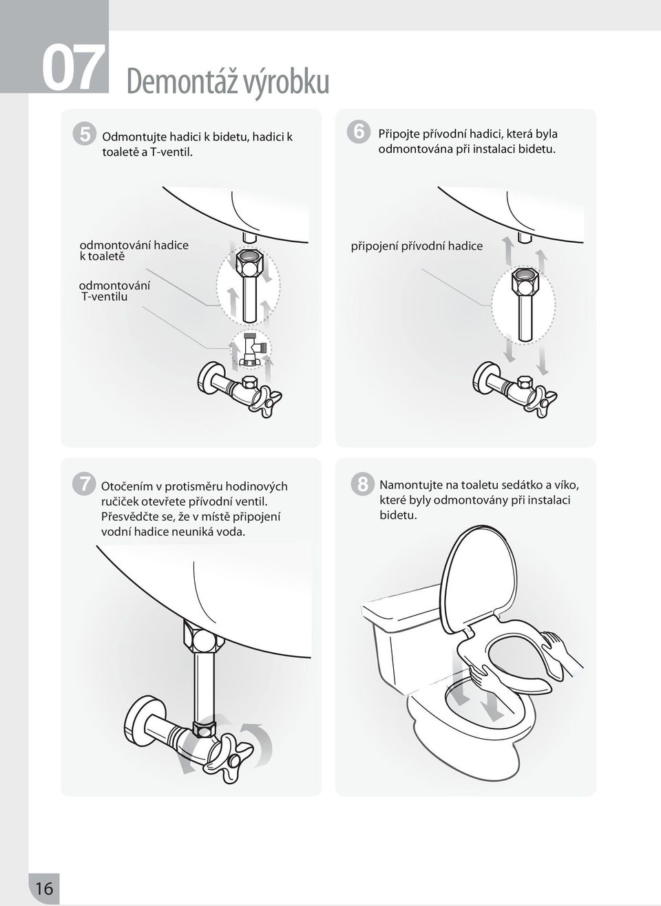odmontování hadice k toaletě připojení přívodní hadice odmontování T-ventilu 7 Otočením v protisměru hodinových