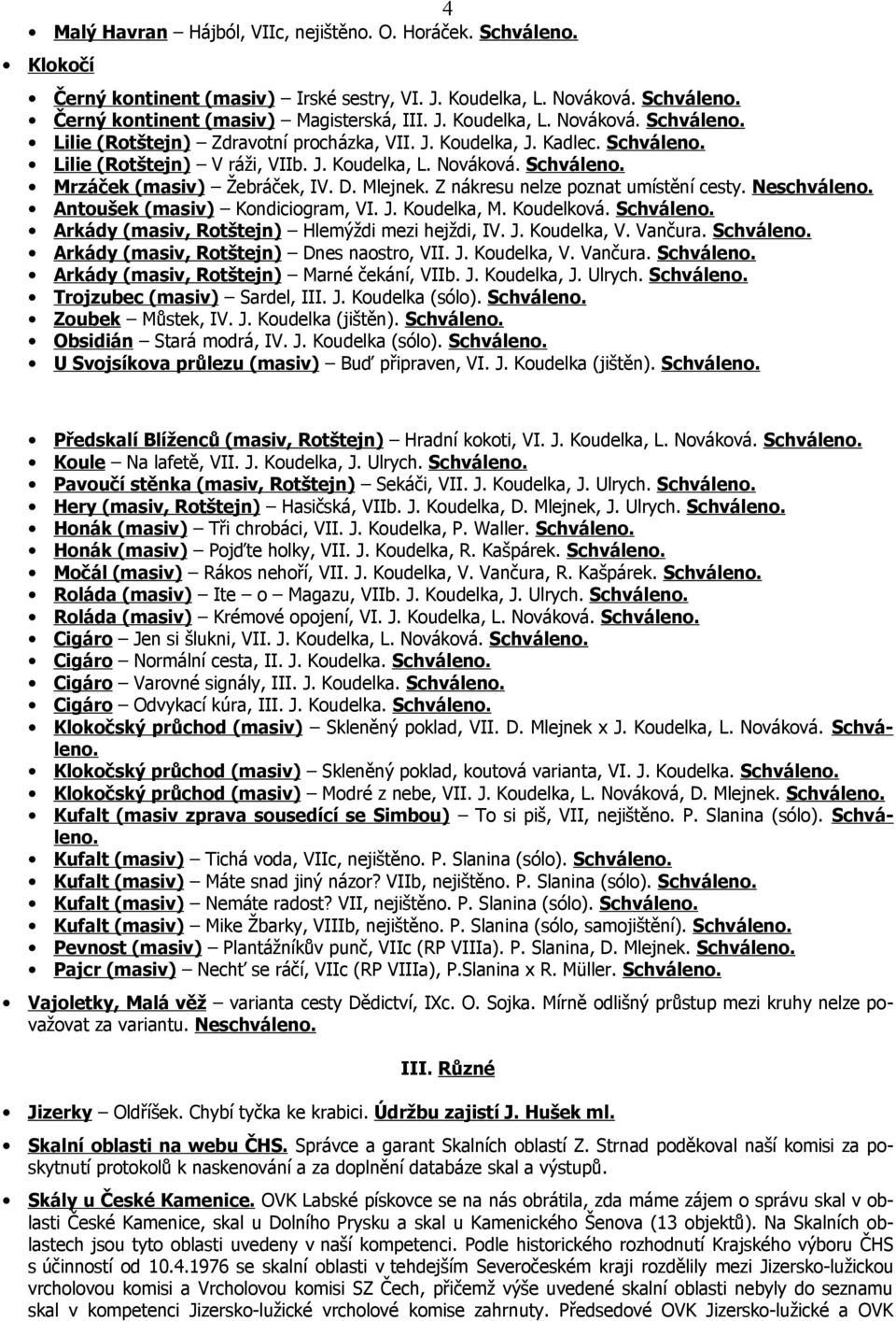 Antoušek (masiv) Kondiciogram, VI. J. Koudelka, M. Koudelková. Arkády (masiv, Rotštejn) Hlemýždi mezi hejždi, IV. J. Koudelka, V. Vančura. Arkády (masiv, Rotštejn) Dnes naostro, VII. J. Koudelka, V. Vančura. Arkády (masiv, Rotštejn) Marné čekání, VIIb.