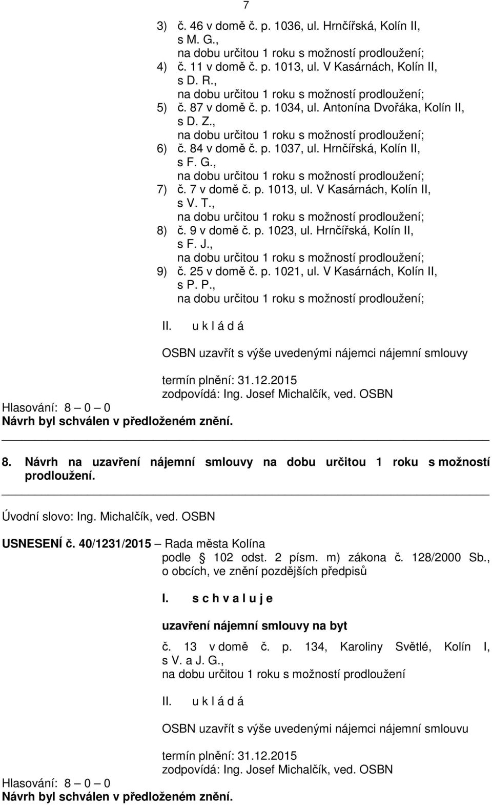 25 v domě č. p. 1021, ul. V Kasárnách, Kolín II, s P. P., OSBN uzavřít s výše uvedenými nájemci nájemní smlouvy termín plnění: 31.12.2015 8.