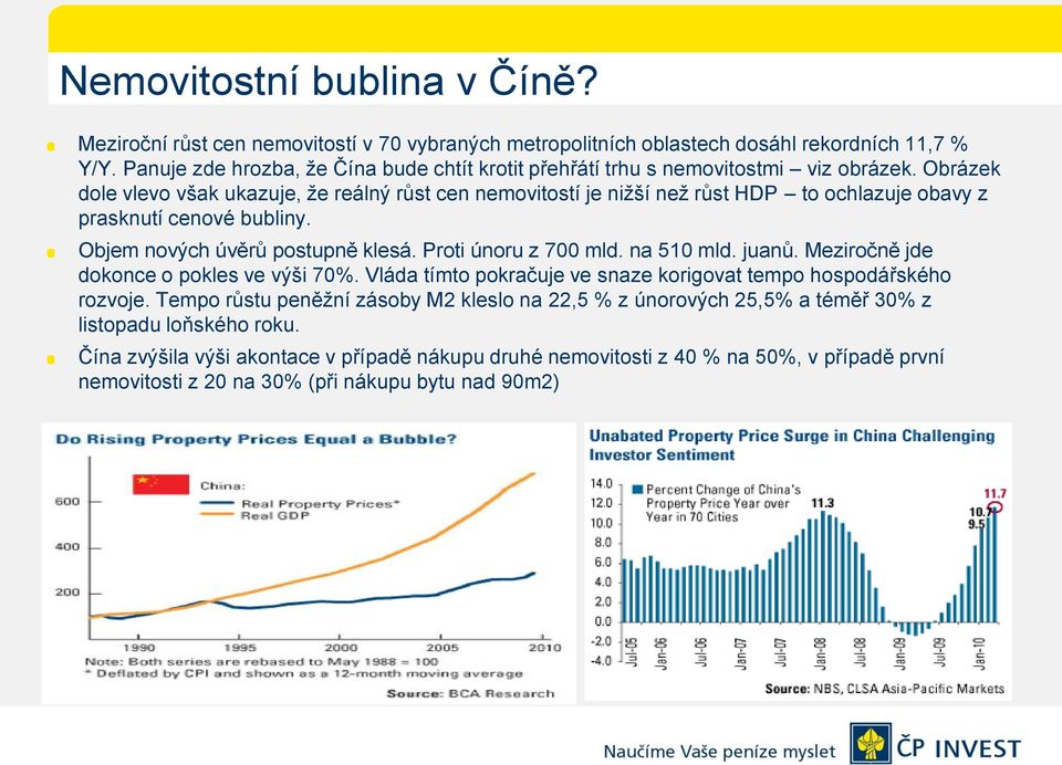 Obrázek dole vlevo však ukazuje, že reálný růst cen nemovitostí je nižší než růst HDP to ochlazuje obavy z prasknutí cenové bubliny. Objem nových úvěrů postupně klesá. Proti únoru z 700 mld.