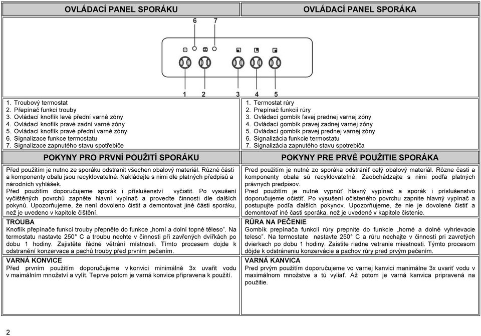 Signalizace zapnutého stavu spotřebiče POKYNY PRO PRVNÍ POUŽITÍ SPORÁKU Před použitím je nutno ze sporáku odstranit všechen obalový materiál. Různé části a komponenty obalu jsou recyklovatelné.